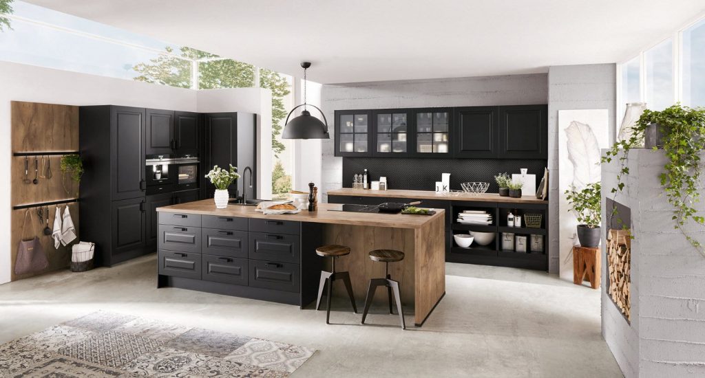 Nobilia Matt Black Wood Shaker Open Plan Kitchen With Island 2021 | Square Kitchens, Barnsley
